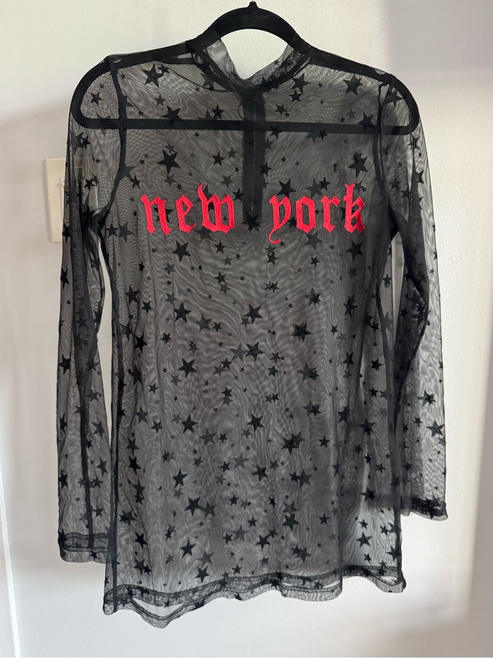 Essue Black Mesh Star Print Sheer Mini Dress w Red Gothic New York Embroidery S